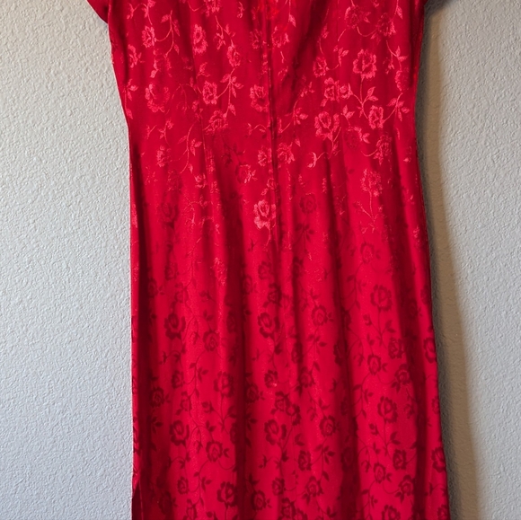 Vintage Asian Elegant Wine Red Maxi Dress 90s Y2k Jacquard Chinese Wedding Sz. 8 - Picture 9 of 13